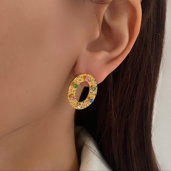 18K Gold Plated Textured Circle Earrings*Multi Color Zircon Earrings*Colorful - Picture 2 of 7